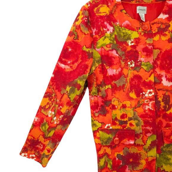 Chicos Floral Jacket Chicos Sz 2 US L/12 Round Neck Hidden Button Placket Blazer - Picture 12 of 16